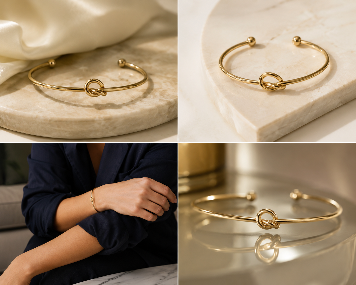 18K gold-plated knot open cuff bracelet four-image collage showing marble flat lay, overhead, lifestyle wrist, and reflective surface shots