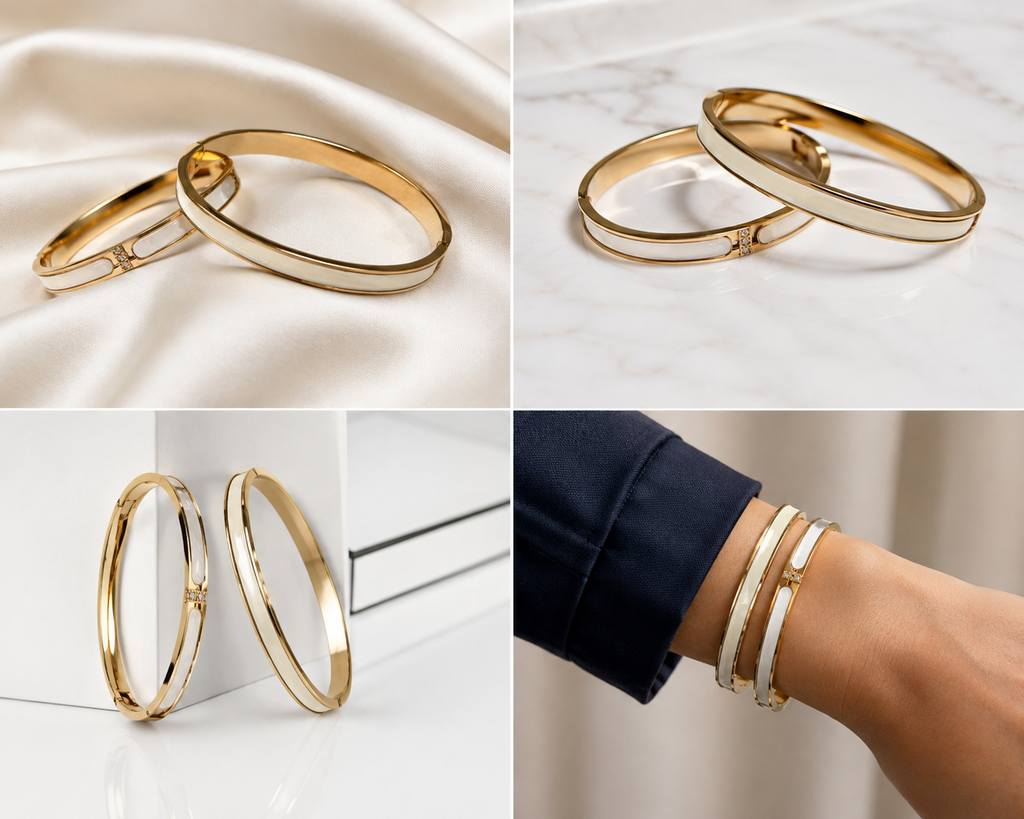 18K gold-plated white enamel inlay bangle set of 2 four-image collage showing silk flat lay, marble surface, upright editorial, and lifestyle wrist shots