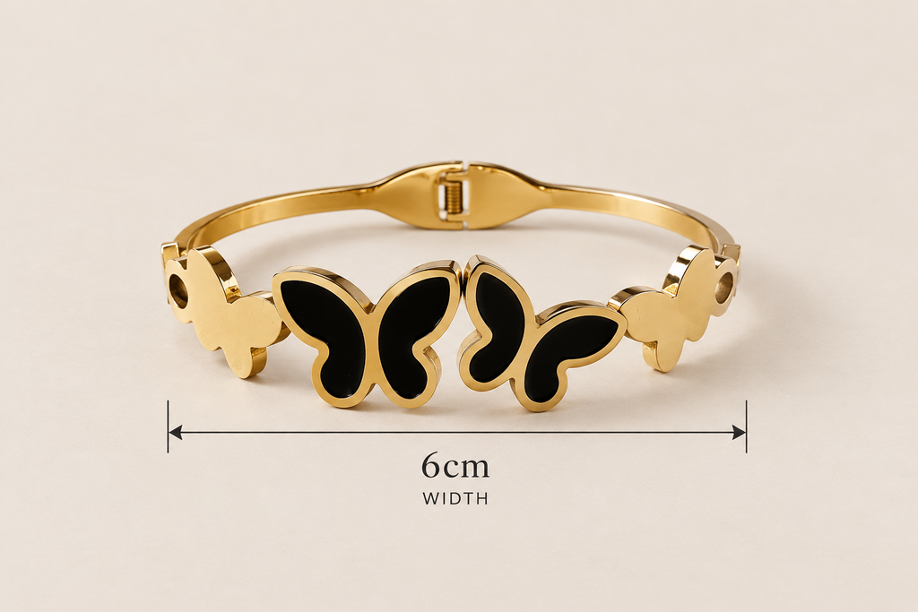 18K gold plated black butterfly cuff bangle photographed from above showing internal width of 6cm — Bangle Bangle