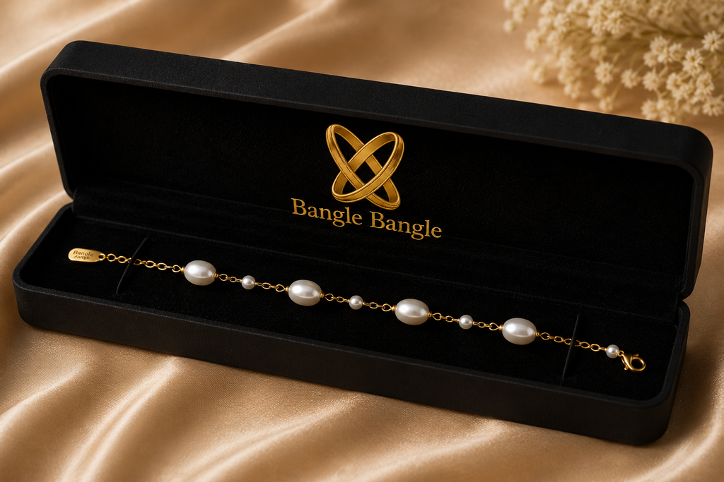 Imitation Pearl Chain Bracelet 18K gold plated bracelet on a neutral background