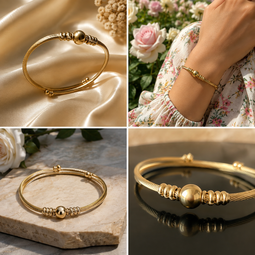 18K gold plated twisted cable bangle, group styling shot \| Bangle Bangle