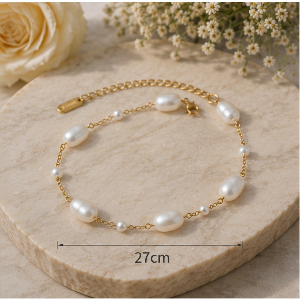 18K Gold Plated Imitation Pearl Chain Bracelet – 27cm
