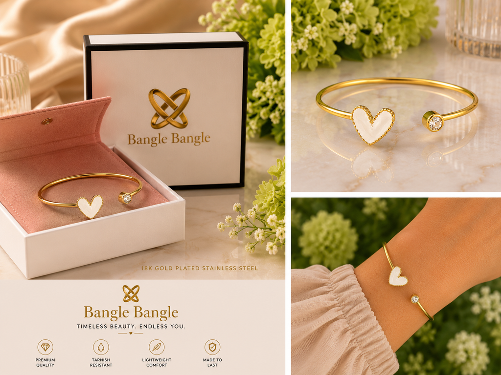 18K Gold Plated White Heart Crystal Bangle image 3