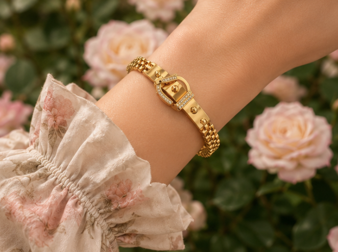 18K Gold Plated Belted Buckle Bangle image 3