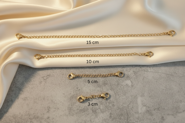 Four gold bracelet expander chains in sizes 3cm, 5cm, 10cm and 15cm, with lobster clasps, laid on cream satin and stone — Bangle Bangle
