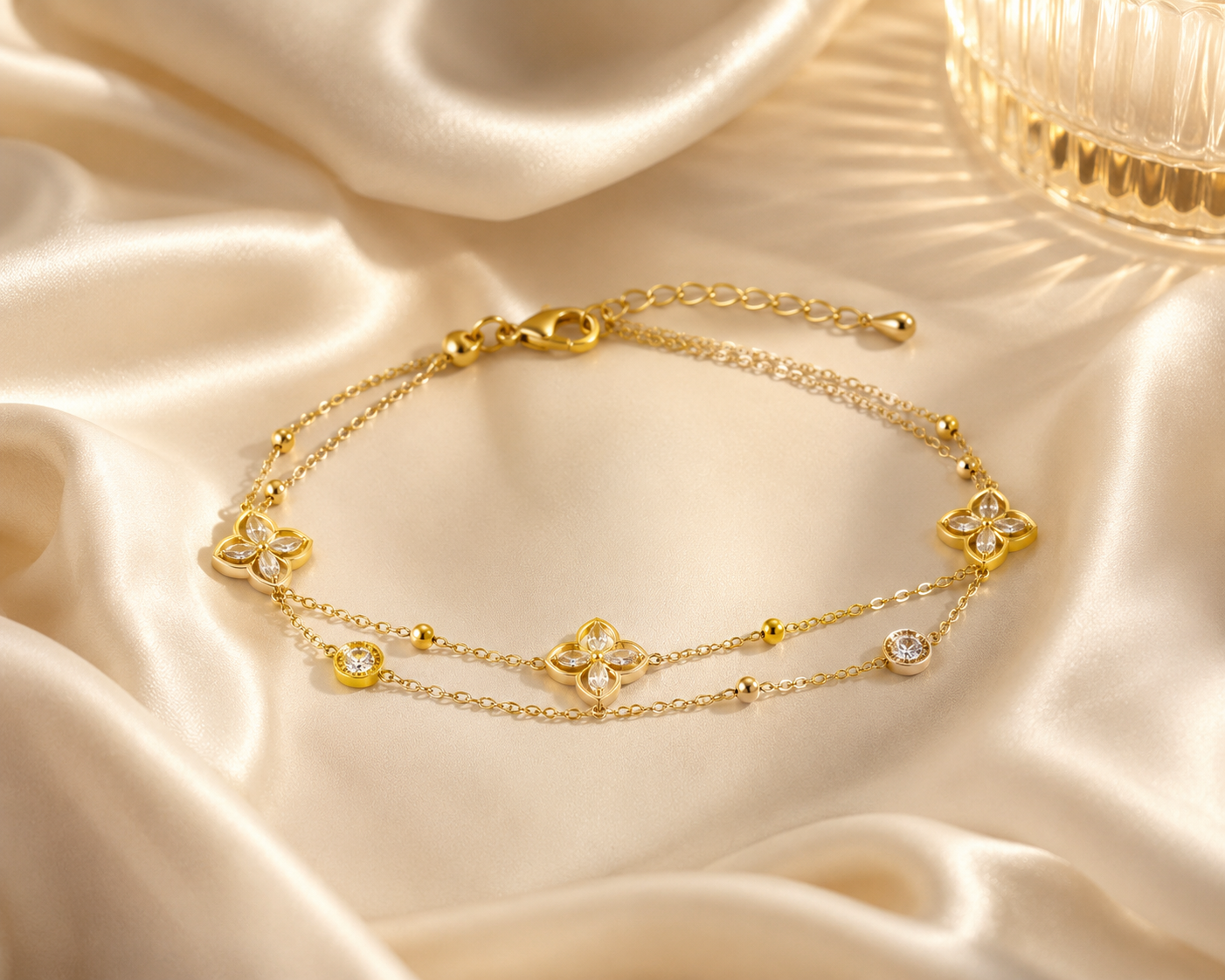 18K Gold Plated Clover Double Chain Bracelet