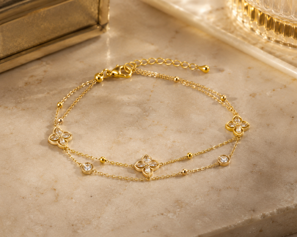 18K Gold Plated Clover Double Chain Bracelet