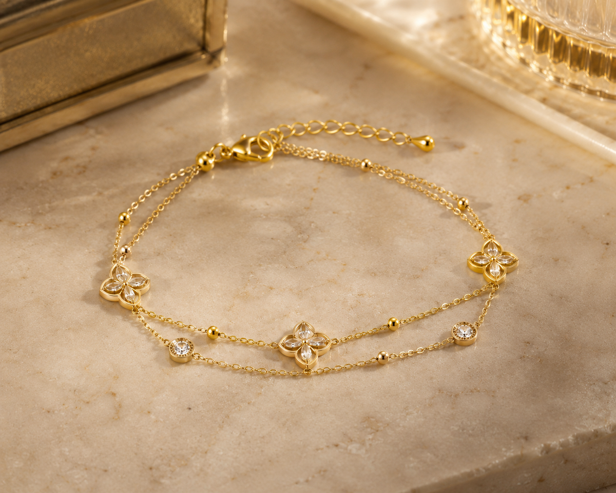 18K Gold Plated Clover Double Chain Bracelet