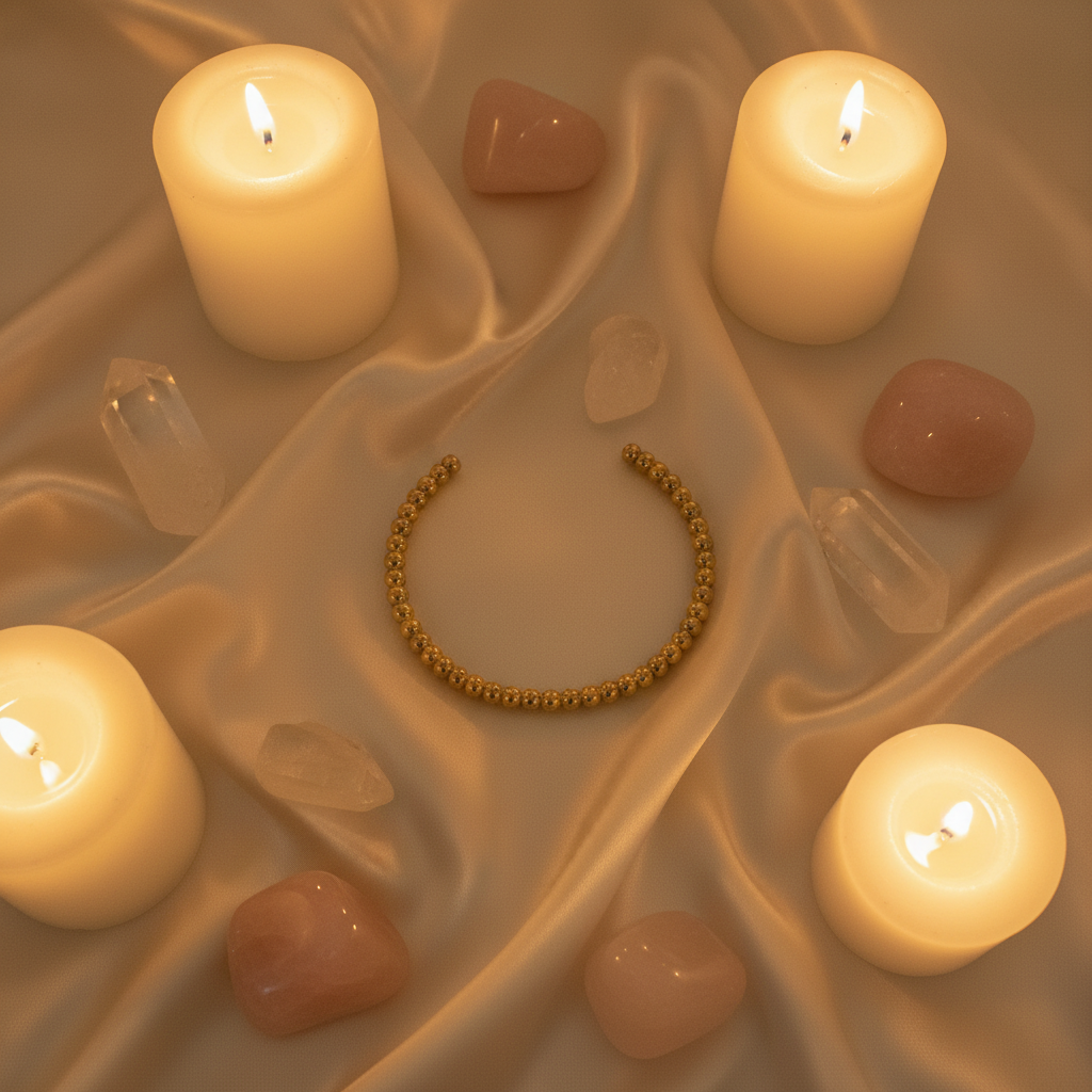 18K gold plated beaded cuff bangle laid flat on cream satin fabric surrounded by white candles and quartz crystals — Bangle Bangle