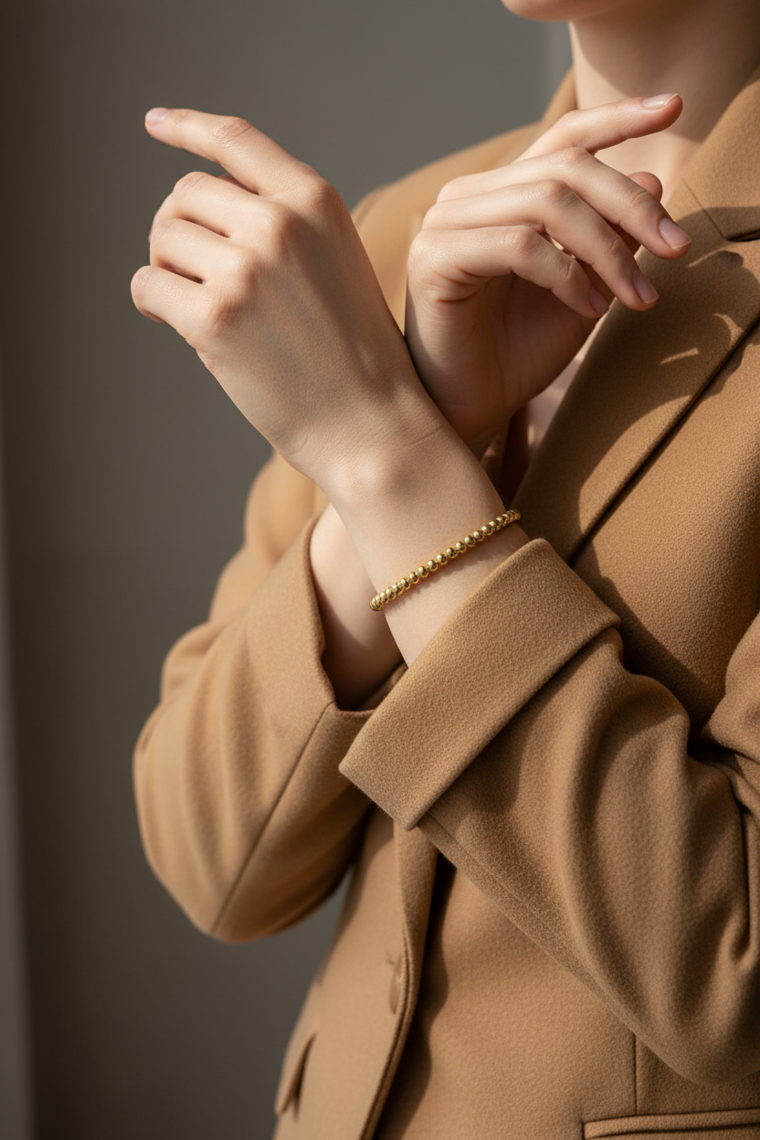 18K gold plated beaded cuff bangle worn on a woman's wrist with camel blazer sleeves pushed up, styled with quartz crystals — Bangle Bangle