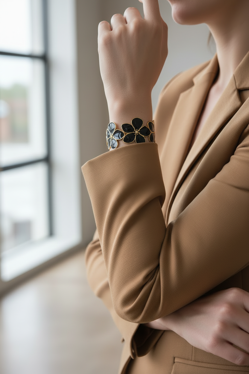 18K gold plated black floral blossom cuff bangle worn on a woman's wrist with camel blazer sleeves pushed up — Bangle Bangle