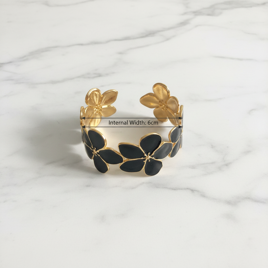 18K gold plated black floral blossom cuff bangle photographed from above showing 6cm internal width measurement — Bangle Bangle