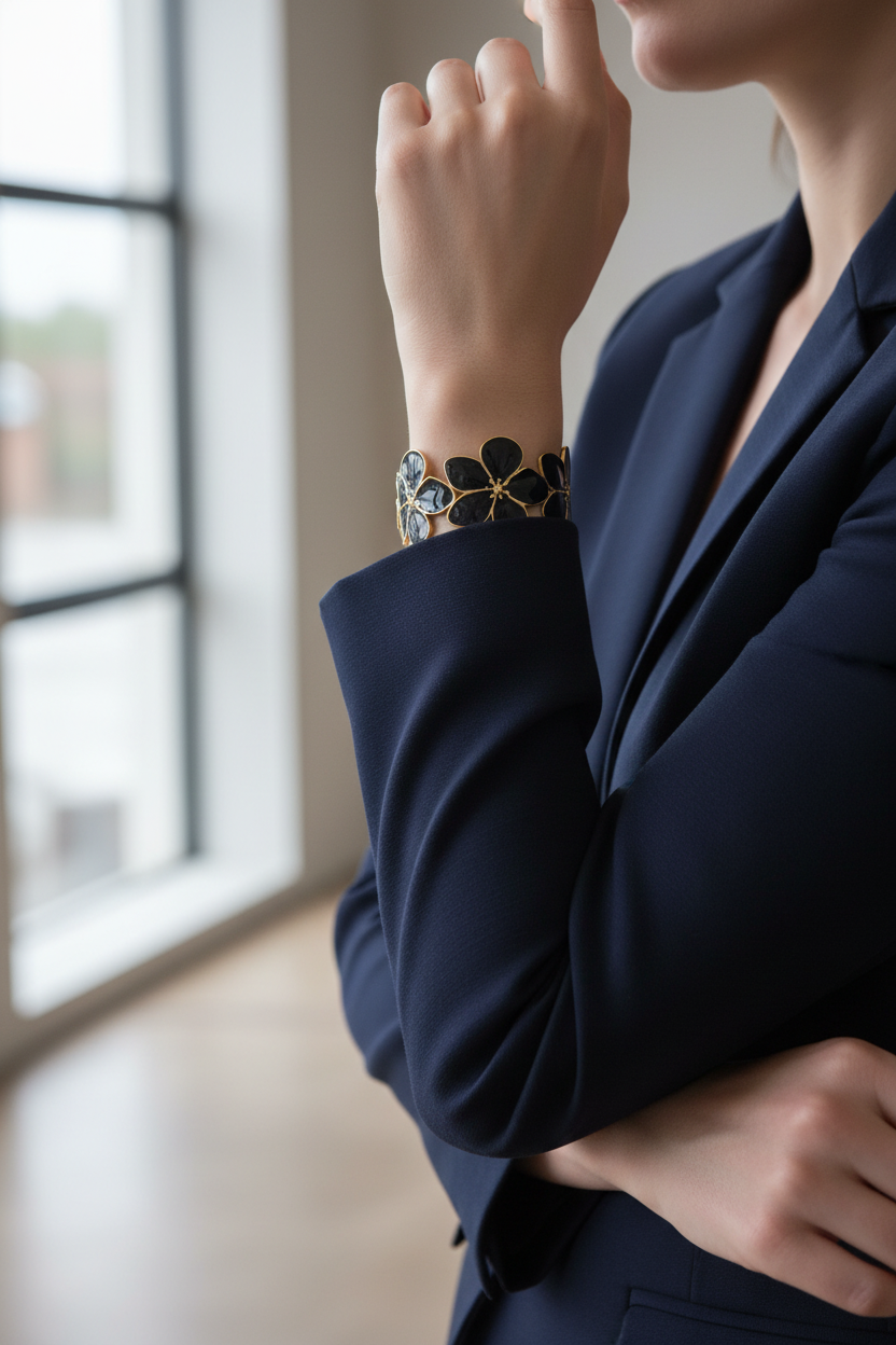 18K gold plated black floral blossom cuff bangle worn on a woman's wrist with navy blazer sleeves pushed up — Bangle Bangle
