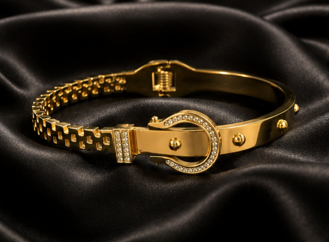 18K Gold Plated Belted Buckle Bangle image 2