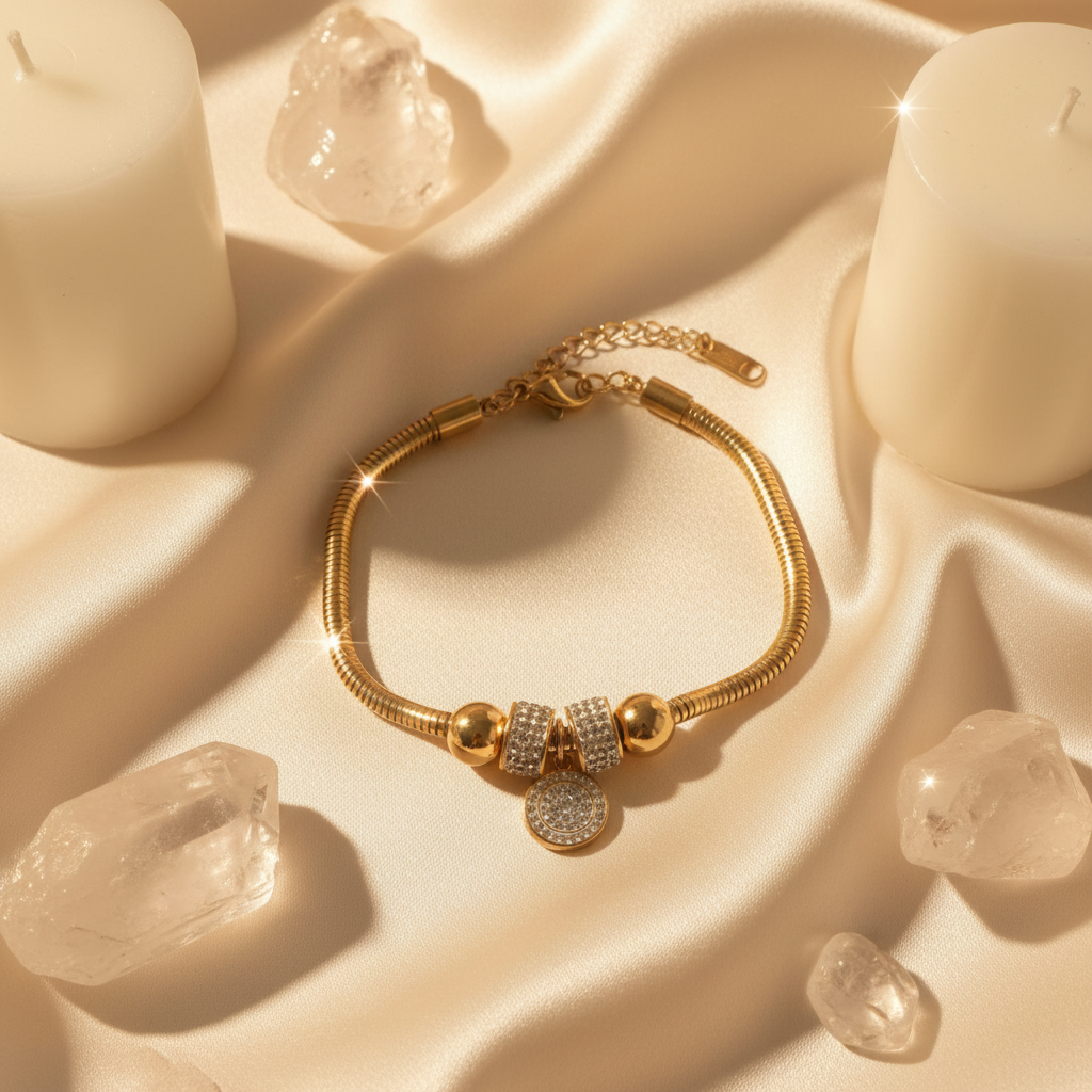 Close-up of 18K gold plated snake chain bracelet showing pavé crystal circular pendant charm and crystal-encrusted rondelle bead charms on cream satin — Bangle Bangle