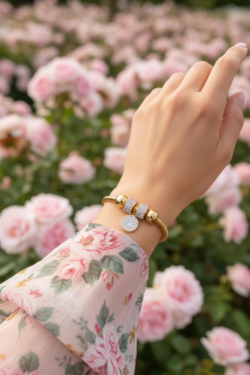 18K gold plated crystal charm snake chain bracelet worn on a woman's wrist wearing a sheer floral blouse in a blooming rose garden — Bangle Bangle