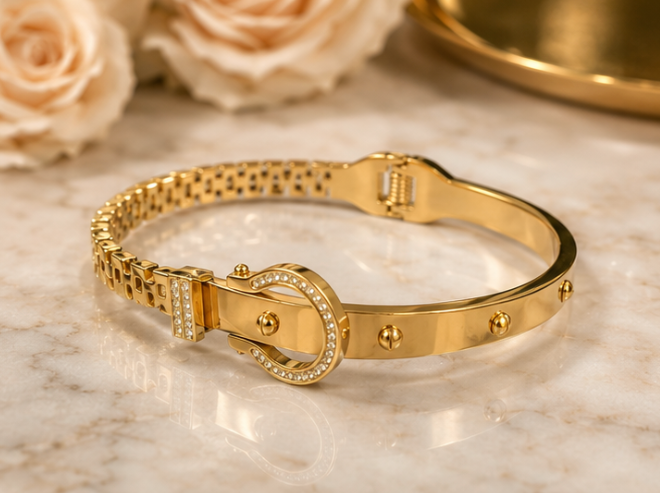 18K Gold Plated Belted Buckle Bangle image 0