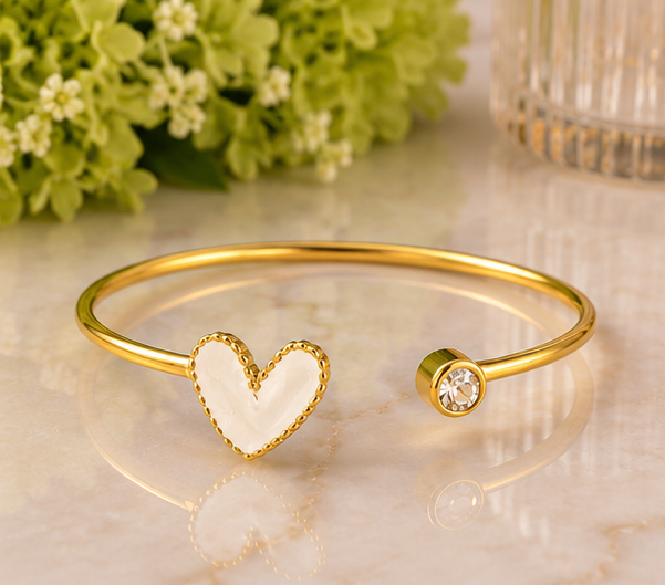 18K Gold Plated White Heart Crystal Bangle image 0