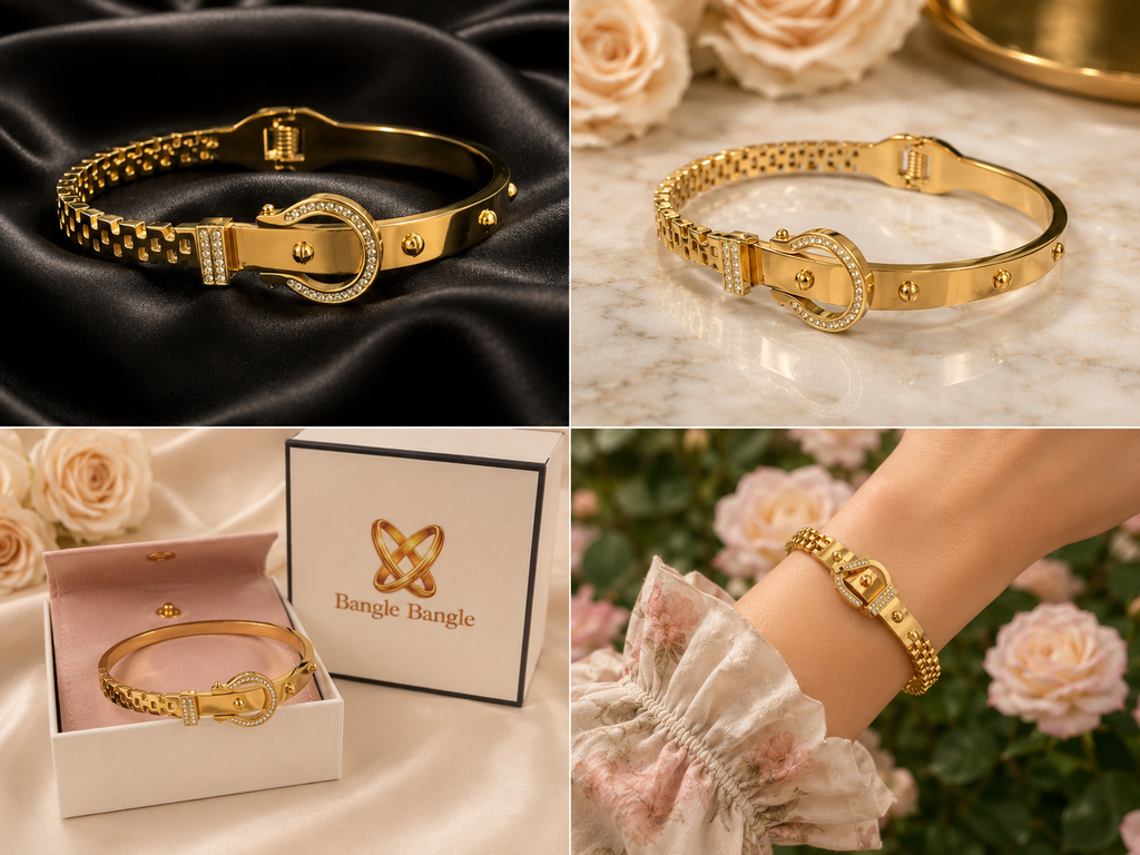 18K Gold Plated Belted Buckle Bangle image 4