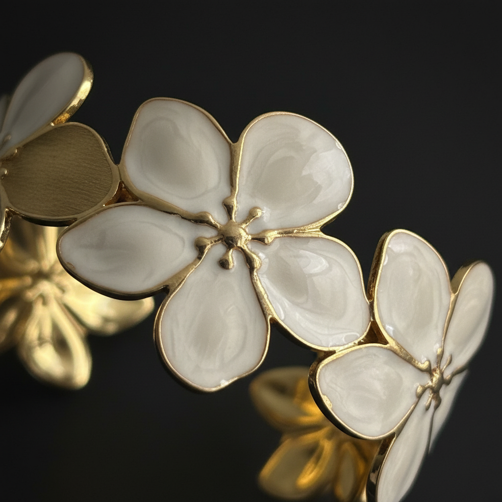 Close-up detail of 18K gold plated floral blossom cuff bangle showing white enamel petal and gold flower craftsmanship — Bangle Bangle