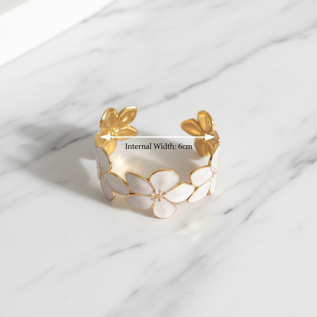18K gold plated floral blossom cuff bangle photographed from above showing 6cm internal width measurement — Bangle Bangle