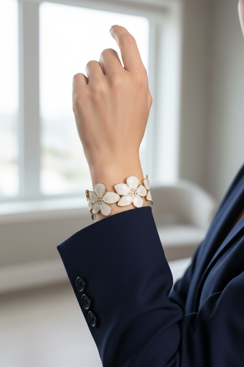 18K gold plated floral blossom cuff bangle with white enamel flowers worn on a woman's wrist with navy blazer — Bangle Bangle