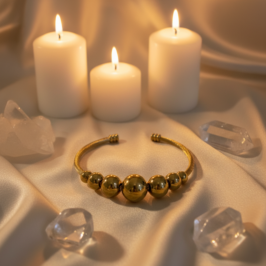 18K gold plated graduated ball cable cuff bangle with polished gold spheres and twisted cable band laid on cream satin fabric with white candles and quartz crystals — Bangle Bangle