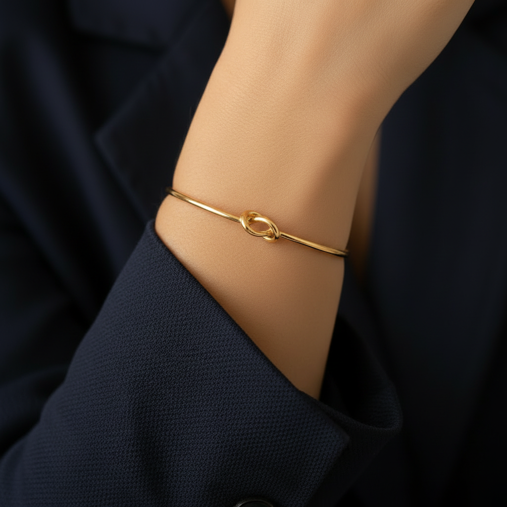 Close-up macro shot of 18K gold-plated knot cuff bracelet worn on a woman's wrist, knot detail in sharp focus, navy blazer sleeve visible