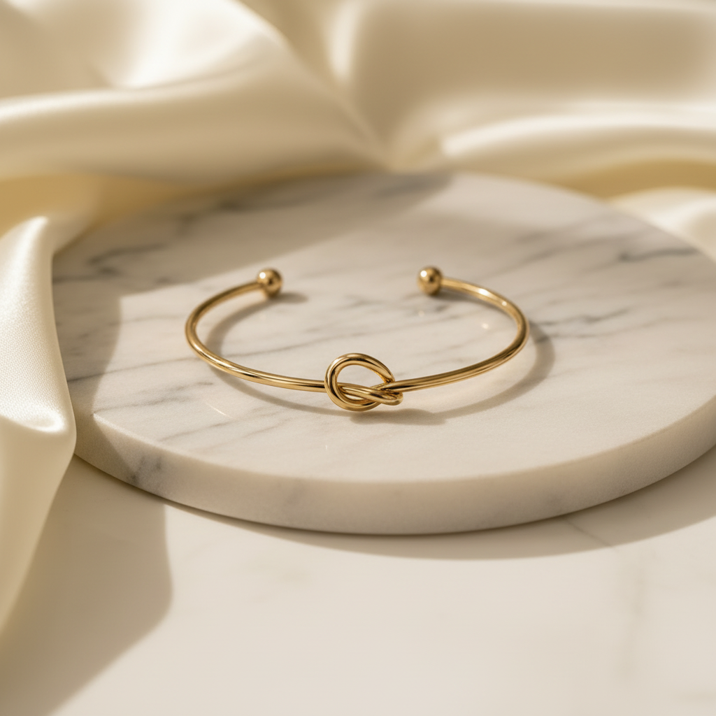 18K gold-plated knot cuff bracelet resting on a round white marble stone with cream silk fabric background, luxury jewelry photography