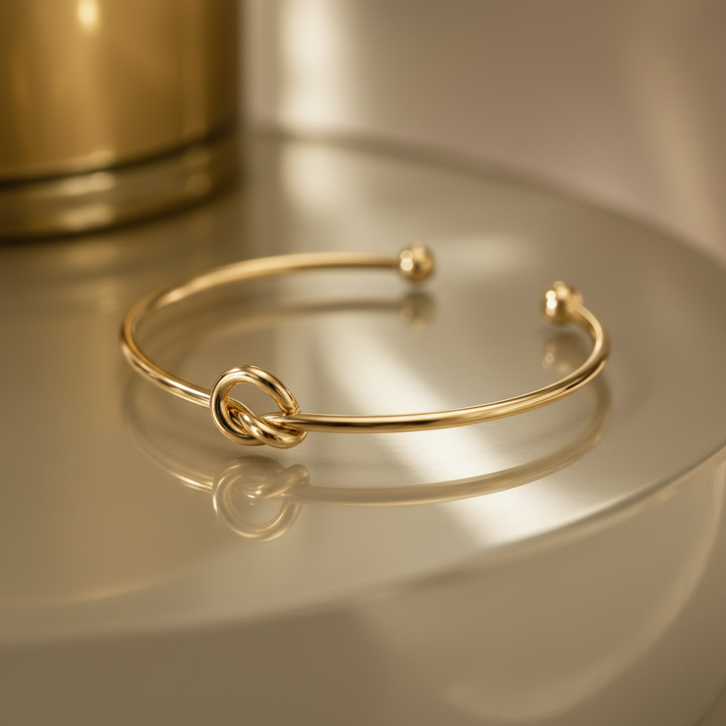 18K gold-plated knot cuff bracelet side profile on warm reflective gold surface showing full cuff with polished ball ends