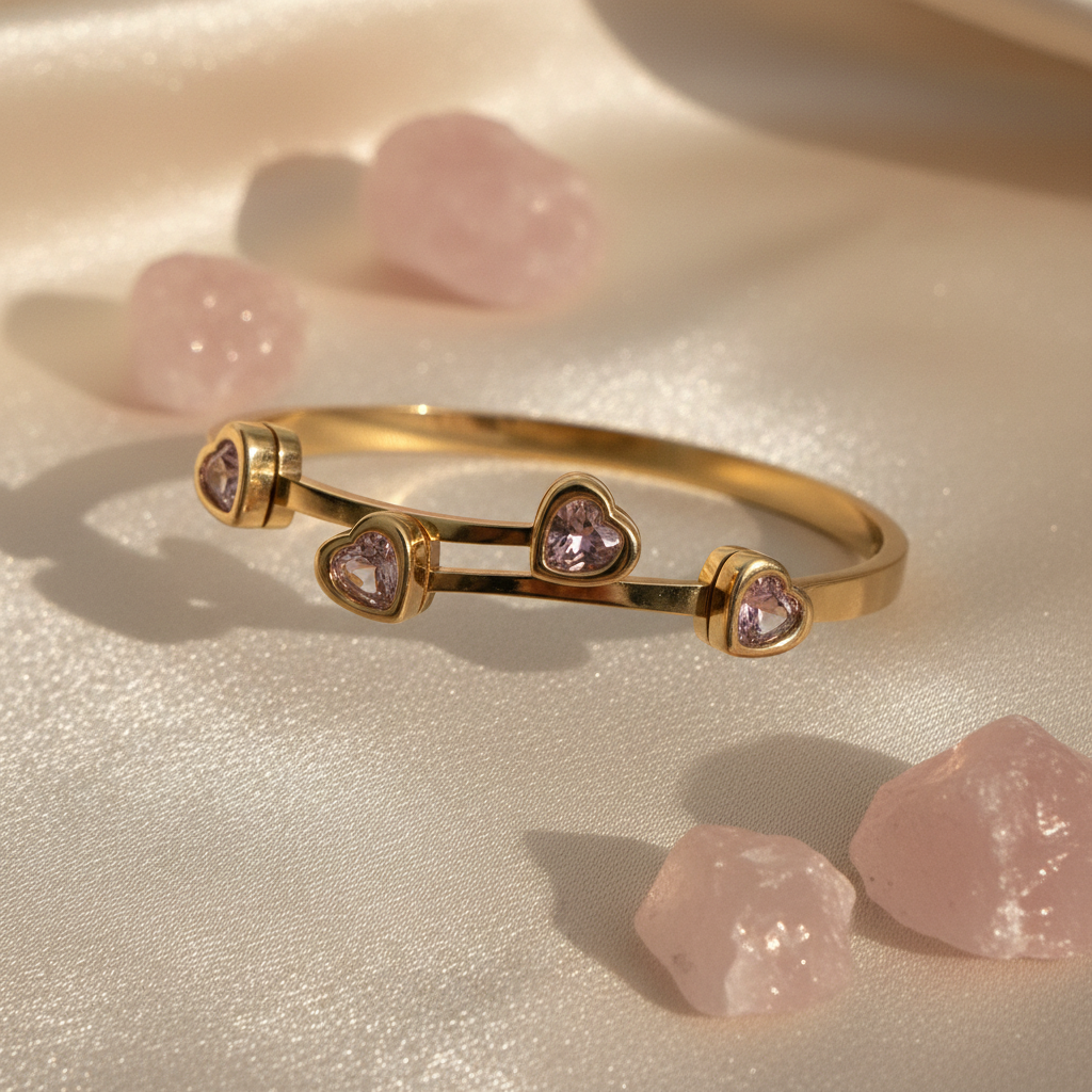 Close-up of 18K gold plated pink crystal heart bangle showing rose crystal heart gemstones in polished gold bezels on cream satin — Bangle Bangle