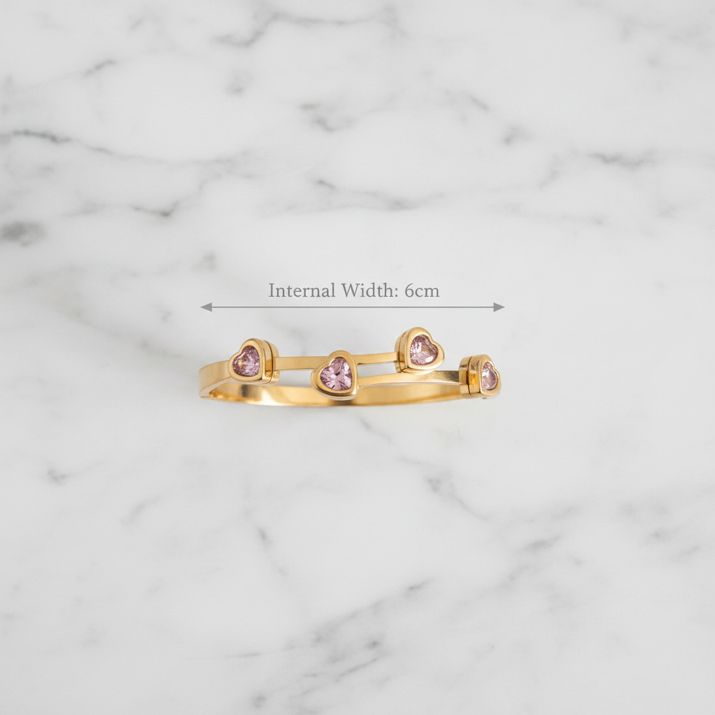 18K gold plated pink crystal heart bangle photographed from above showing internal width of 6cm — Bangle Bangle