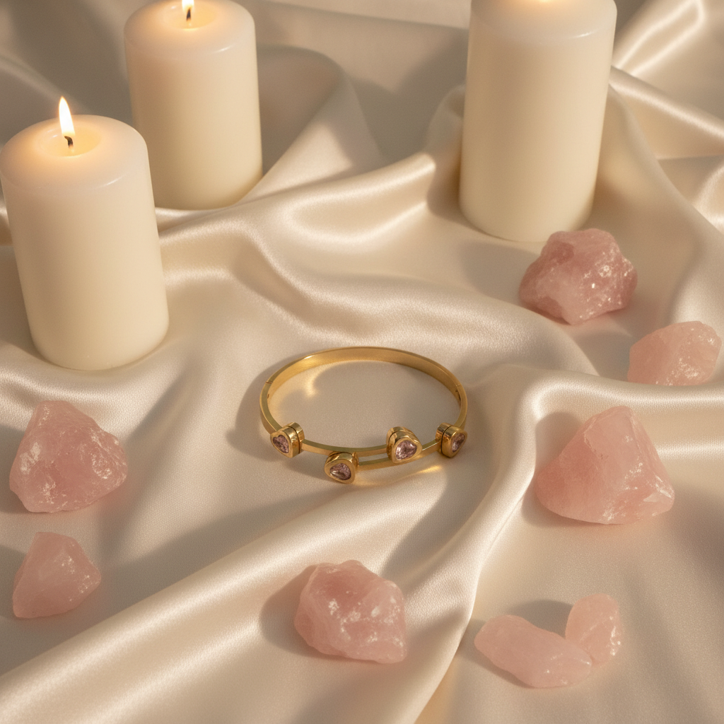 18K gold plated pink crystal heart bangle with rose crystal gemstones laid on cream satin fabric with white candles and rose quartz crystals — Bangle Bangle