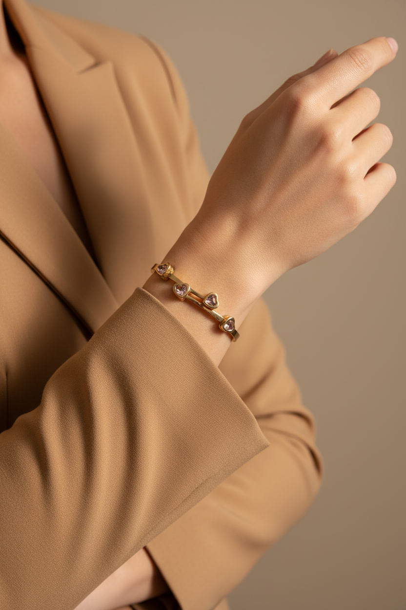 18K gold plated pink crystal heart bangle worn on a woman's wrist with camel blazer sleeves pushed up — Bangle Bangle