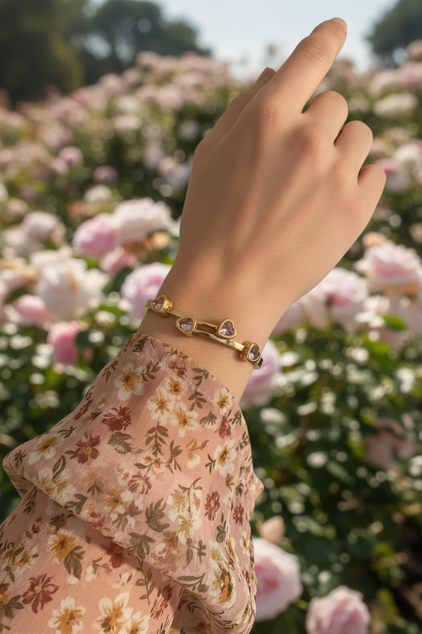 18K gold plated pink crystal heart bangle with rose crystal heart gemstones worn on a woman's wrist with a sheer floral blouse in a rose garden — Bangle Bangle