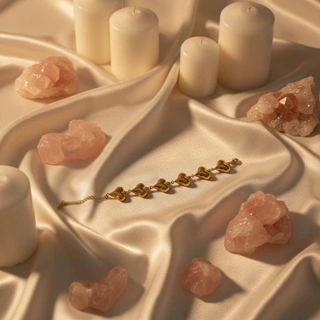 18K gold plated puffy heart chain bracelet with large 3D gold heart charms laid on cream satin fabric with white candles and rose quartz crystals — Bangle Bangle