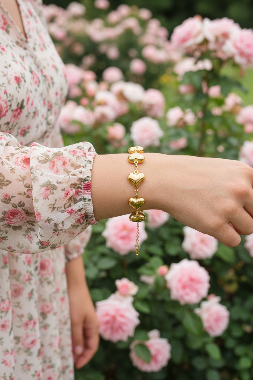 18K gold plated puffy heart chain bracelet worn on a woman's wrist wearing a sheer floral blouse in a blooming rose garden — Bangle Bangle