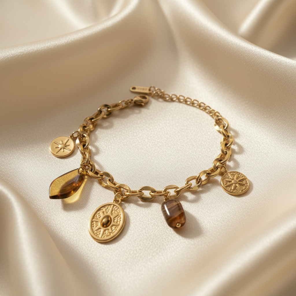 18K gold plated Roman charm bracelet with mixed gold charms laid flat on cream satin fabric — Bangle Bangle