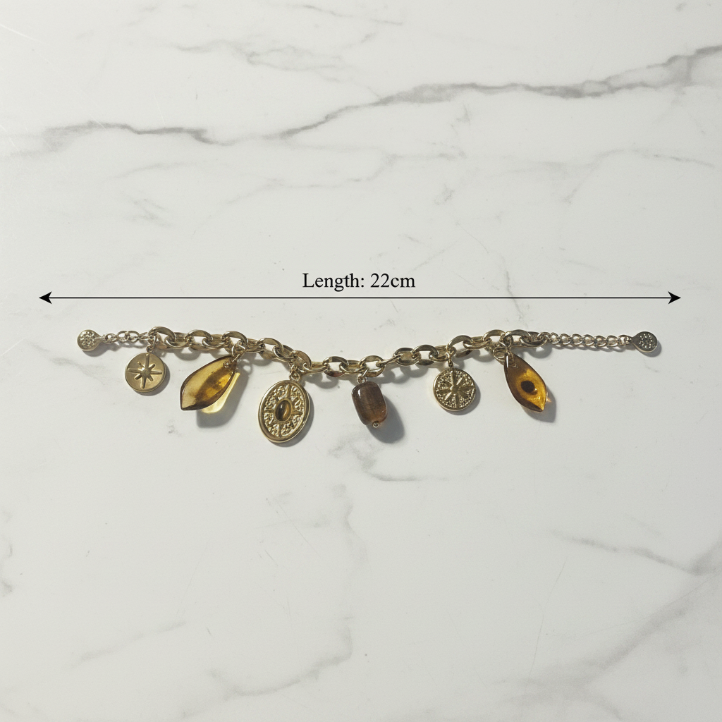 18K gold plated Roman charm bracelet laid flat showing full length of 22cm — Bangle Bangle