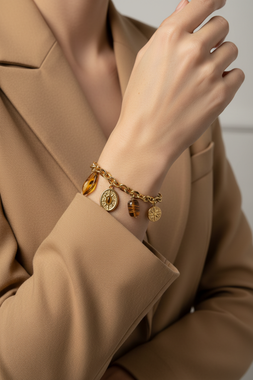 18K gold plated Roman charm bracelet worn on a woman's wrist with camel blazer sleeves pushed up — Bangle Bangle