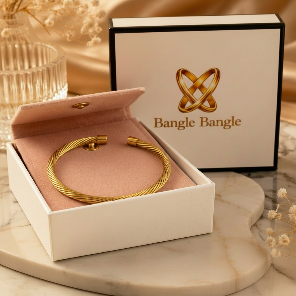 18K gold plated twisted cable open cuff bangle in open Bangle Bangle white gift box with black trim and pink pouch, styled with candles and crystals — Bangle Bangle