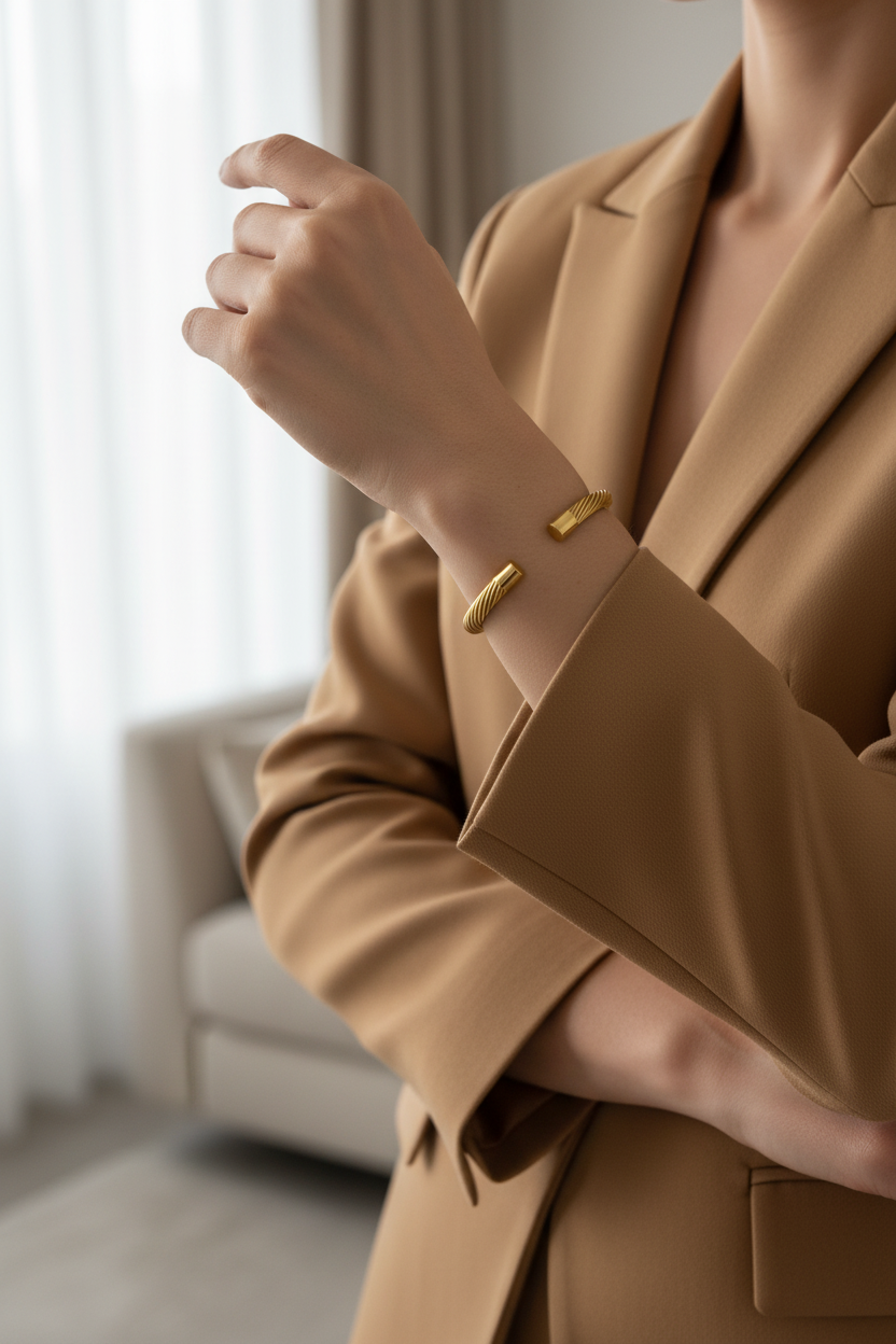 18K gold plated twisted cable open cuff bangle worn on a woman's wrist with camel blazer sleeves pushed up — Bangle Bangle